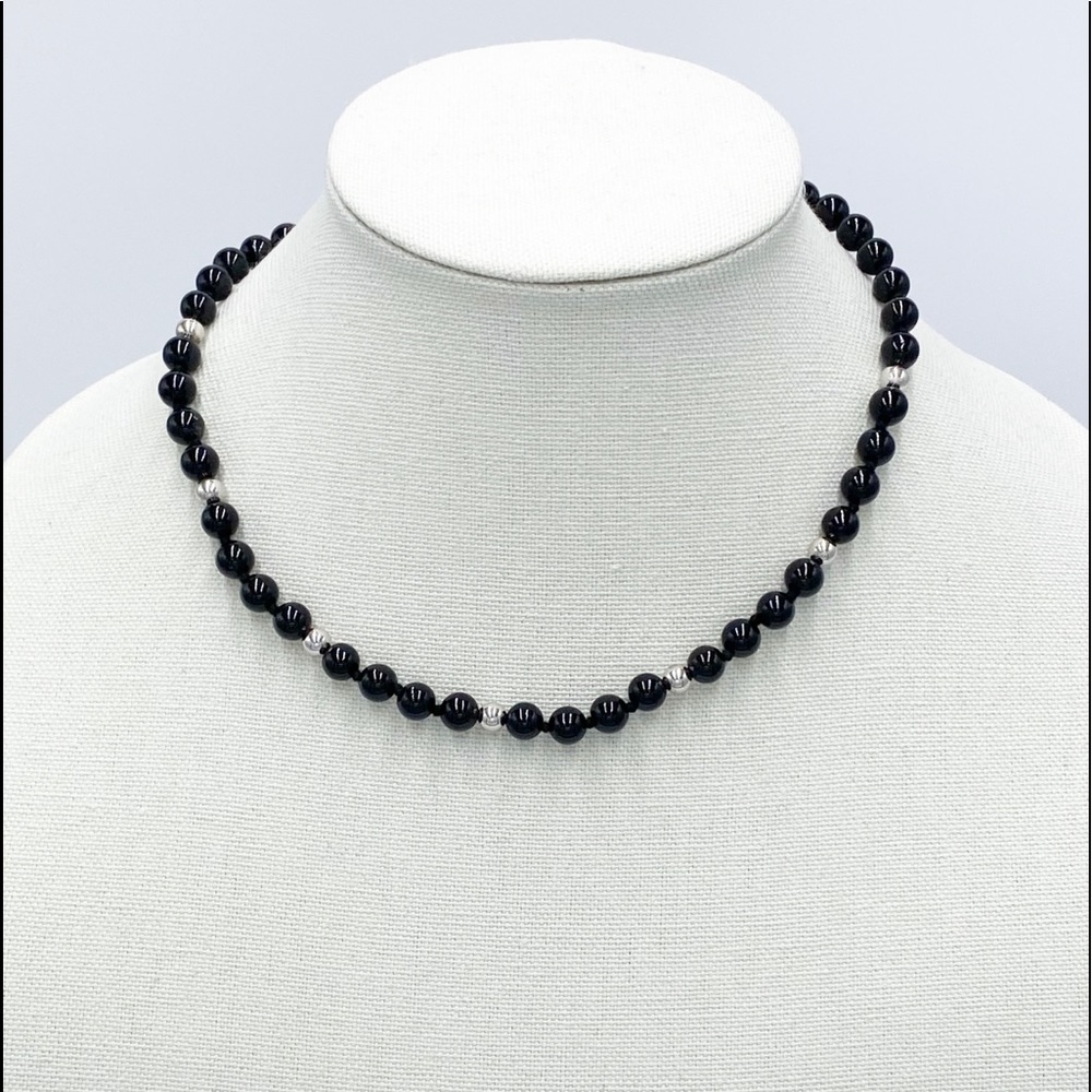 Black Onyx & Sterling Silver Beaded Necklace Hand Knotted Vintage